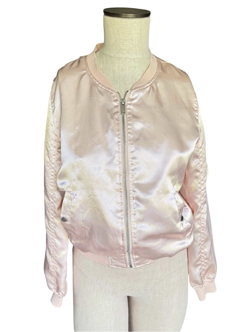 CACHE CACHE FRANCE Baby Pink Satin Bomber Jacket Egyptian Made Sz 34 (EU) 4 (US)